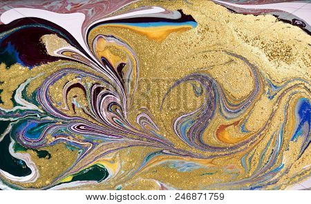 Marble Abstract Acrylic Background. Marbling Artwork Texture. Agate Ripple Pattern. Gold Powder