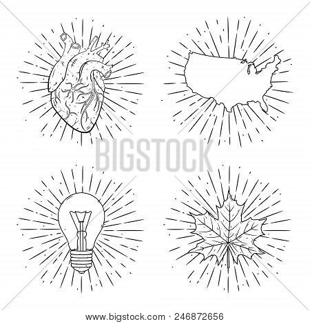 Set Of Vector Illustrations - Heart, Usa Map, Light Blub And Maple Leaf With Divergent Rays. Used Fo