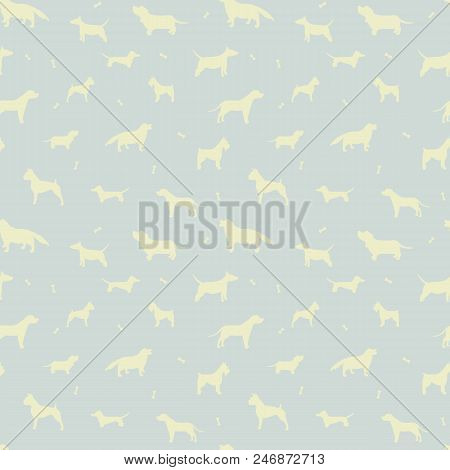 Seamless Pattern With Different Dog Breeds. Dachshund, Dalmatian, Bull Terrier, Staffordshire Terrie