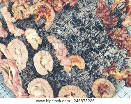 Grilled Chitterlings Or Roast Chitterlings On The Stove, After Finish For Sale In Dish,thai Food. Vi