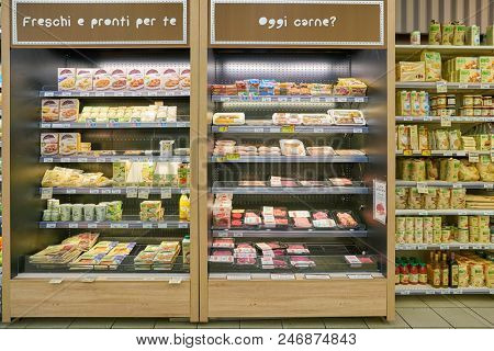 MILAN, ITALY - CIRCA NOVEMBER, 2017: interior shot of Carrefour Express in Milan