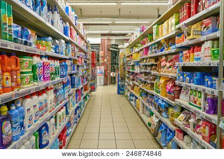 MILAN, ITALY - CIRCA NOVEMBER, 2017: interior shot of Carrefour Express in Milan