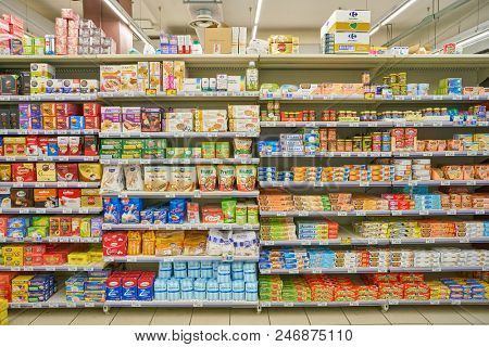 MILAN, ITALY - CIRCA NOVEMBER, 2017: interior shot of Carrefour Express in Milan.