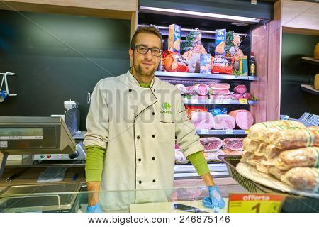 MILAN, ITALY - CIRCA NOVEMBER, 2017: indoor portrait if worker at Carrefour Express in Milan.
