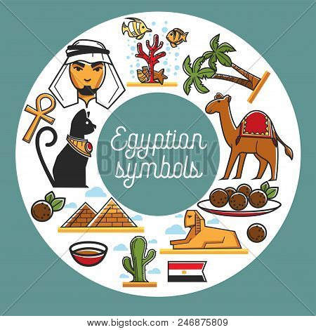 Egypt Travel Landmarks And Egyptian Symbols Of Famous Culture Attractions. Vector Egypt Flag, Cairo 