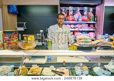 MILAN, ITALY - CIRCA NOVEMBER, 2017: indoor portrait if worker at Carrefour Express in Milan.