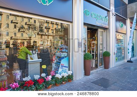 MILAN, ITALY - CIRCA NOVEMBER, 2017: entrance to Carrefour Express store in Milan
