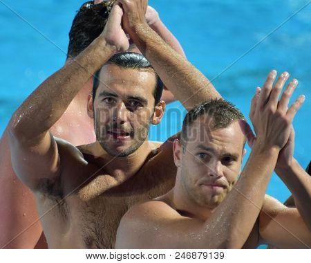 Budapest, Hungary - Jul 17, 2017. GOR-NAGY Miklos and ERDELYI Balazs (in front), hungarian waterpolo players. FINA Waterpolo World Championship was held in Alfred Hajos Swimming Centre.