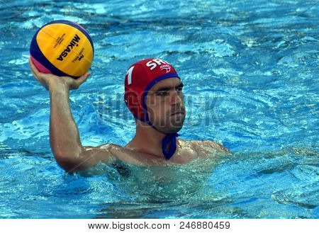 Budapest, Hungary - Jul 17, 2017. Pijetlovic Gojko, Goalkeeper Of Serbia Waterpolo Team. Fina Waterp