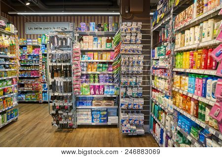 MILAN, ITALY - CIRCA NOVEMBER, 2017: interior shot of Carrefour Express store in Milan