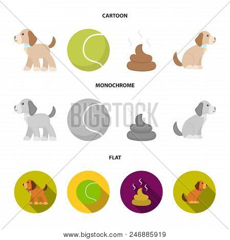 Dog Sitting, Dog Standing, Tennis Ball, Feces. Dog Set Collection Icons In Cartoon, Flat, Monochrome