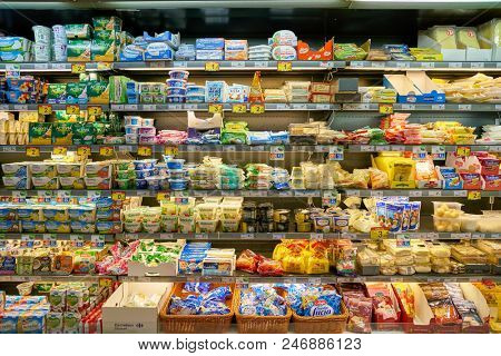 MILAN, ITALY - CIRCA NOVEMBER, 2017: food products for sale in Carrefour Express store in Milan.