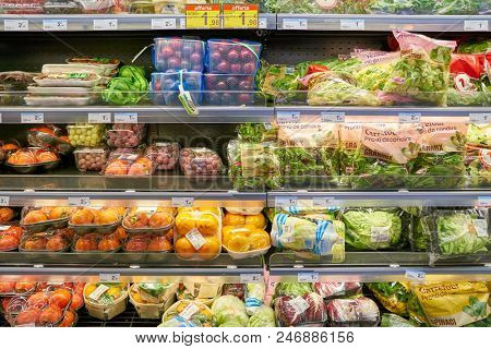 MILAN, ITALY - CIRCA NOVEMBER, 2017: food products for sale in Carrefour Express store in Milan.