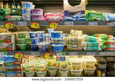 MILAN, ITALY - CIRCA NOVEMBER, 2017: food products for sale in Carrefour Express store in Milan.