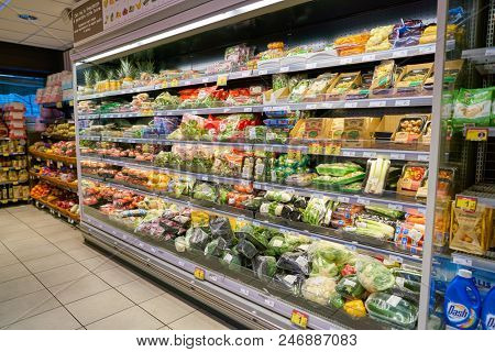 MILAN, ITALY - CIRCA NOVEMBER, 2017: food products for sale in Carrefour Express store in Milan.