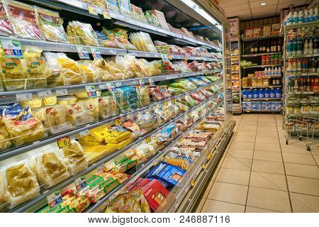 MILAN, ITALY - CIRCA NOVEMBER, 2017: food products for sale in Carrefour Express store in Milan.