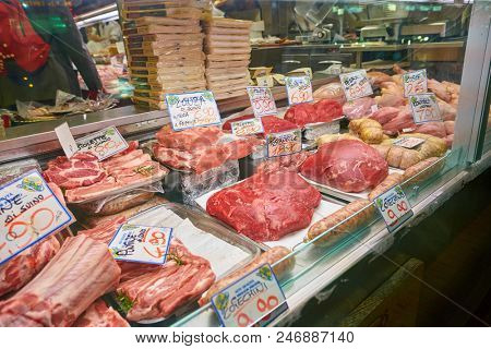 MILAN, ITALY - CIRCA NOVEMBER, 2017: assortment of meat products on display in shop in Milan.