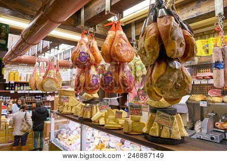 MILAN, ITALY - CIRCA NOVEMBER, 2017: assortment of meat products on display in shop in Milan.