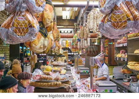 MILAN, ITALY - CIRCA NOVEMBER, 2017: assortment of meat products on display in shop in Milan.