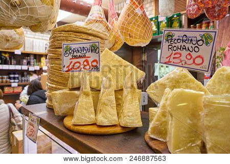 MILAN, ITALY - CIRCA NOVEMBER, 2017: assortment of cheese on display in shop in Milan.