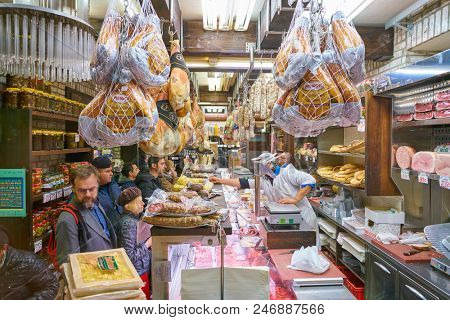 MILAN, ITALY - CIRCA NOVEMBER, 2017: assortment of meat products on display in shop in Milan.