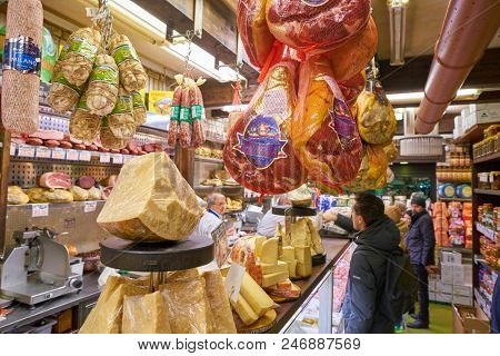 MILAN, ITALY - CIRCA NOVEMBER, 2017: assortment of cheese and meat products on display in shop in Milan.