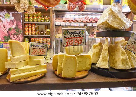MILAN, ITALY - CIRCA NOVEMBER, 2017: assortment of cheese on display in shop in Milan.