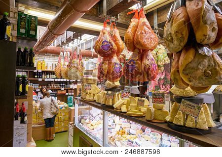 MILAN, ITALY - CIRCA NOVEMBER, 2017: assortment of meat products on display in shop in Milan.