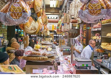 MILAN, ITALY - CIRCA NOVEMBER, 2017: assortment of meat products on display in shop in Milan.