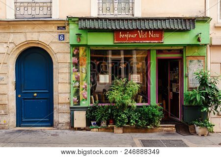Paris, France - August 13, 2017. Parisian Rue Thouin Street In The 5th Arrondissement And Vietnamese