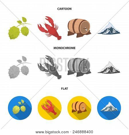 Alps, A Barrel Of Beer, Lobster, Hops. Oktoberfest Set Collection Icons In Cartoon, Flat, Monochrome