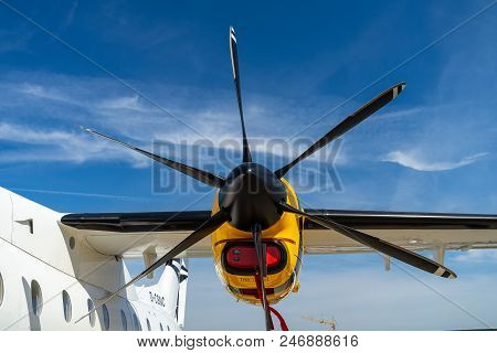 Berlin - April 28, 2018: Engine Of A Turboprop-powered Commuter Airliner Dornier 328-110, Closeup. E