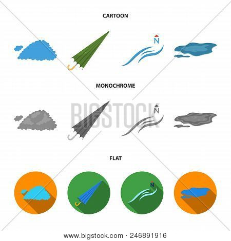 Cloud, Umbrella, The North Wind, A Puddle On The Ground. The Weather Set Collection Icons In Cartoon