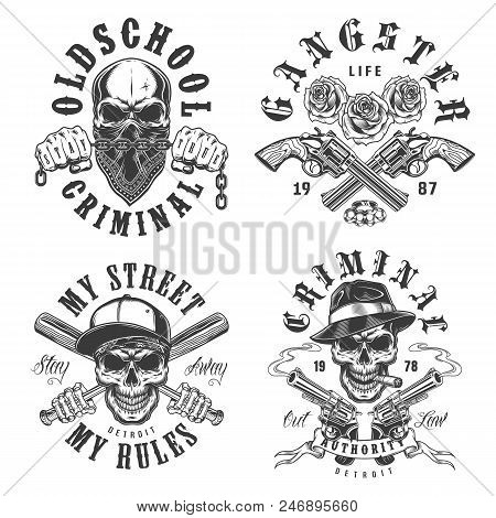 Set Of Gangster Emblems In Monochrome Style. Vector Illustration