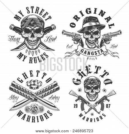 Set Of Gangster Emblems In Monochrome Style. Vector Illustration