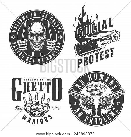 Set Of Gangster Emblems In Monochrome Style. Vector Illustration