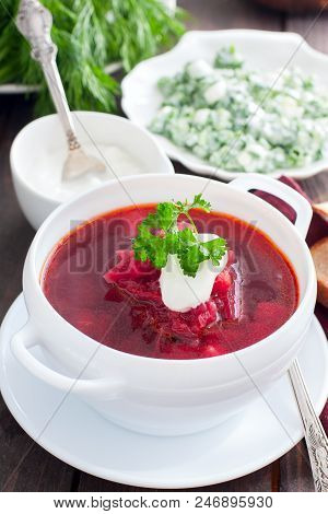 Ukrainian Traditional Borsch. Russian Vegetarian Red Soup In White Bowl . Top View. Borscht, Borshch