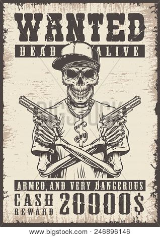 Wanted Vintage Poster With Skull. Vector Illustration