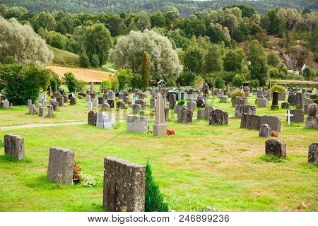 Heddal, Norway-august 15, 2014 -  Old Cemetery In Norwegian Village Near The Old Church.