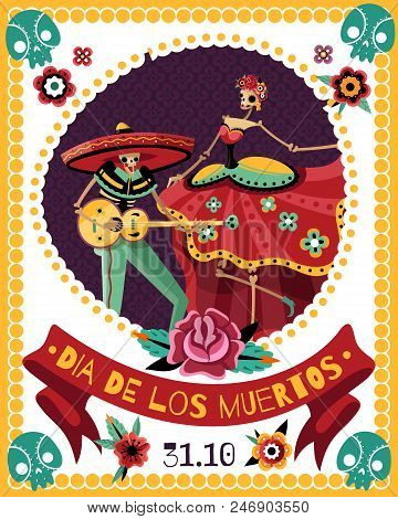 Dead Day Celebration Party Announcement Poster With Date And Singing Couple Skeletons In Colorful Co