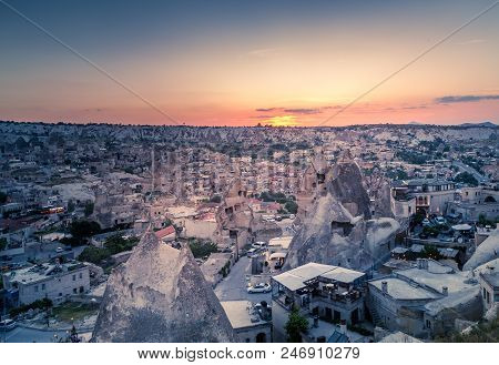 Goreme, Cappadocia, Turkey On Sunset. Famous Center Of Balloon Fligths