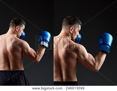 Handsome Man Boxer Before And After Retouch. Sport Man Back. Muscular Man In Boxing Gloves In Bixing