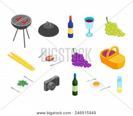 Family Picnic With Bbq Icona Set 3d Isometric View Outdoor Holiday Party For Web And App. Vector Ill