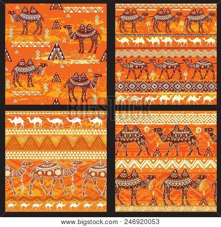 Set Of Seamless Pattern With Camels And Ethnic Motifs