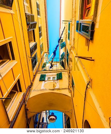 Colorful Buildings In Monterosso In Cinque Terre, Italy On Sunny Day.
