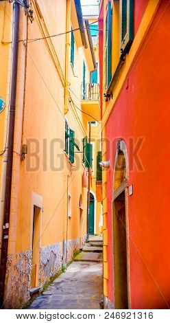 Colorful Buildings In Monterosso In Cinque Terre, Italy On Sunny Day.