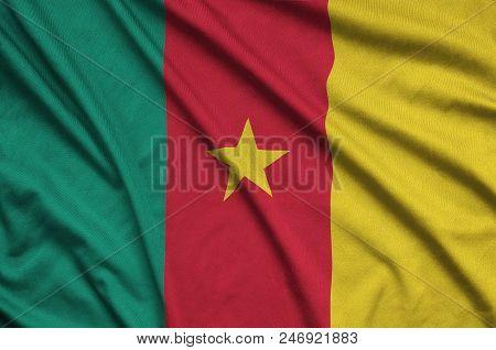 Cameroon Flag  Is Depicted On A Sports Cloth Fabric With Many Folds. Sport Team Waving Banner