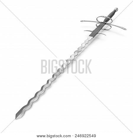German Landsknecht Flamberge Sword On White Background. 3d Illustration