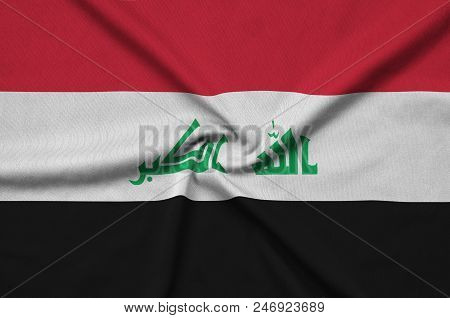 Iraq Flag  Is Depicted On A Sports Cloth Fabric With Many Folds. Sport Team Waving Banner