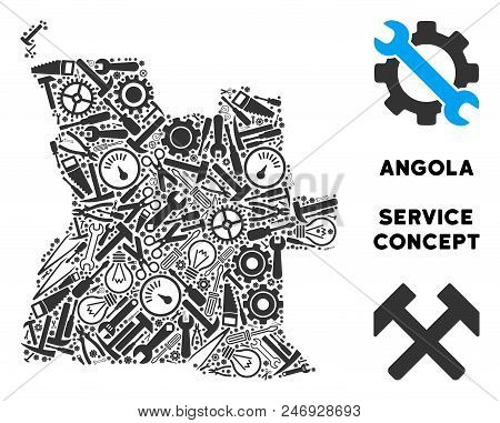 Repair Workshop Angola Map Mosaic Of Tools. Abstract Territory Scheme In Grey Color. Vector Angola M
